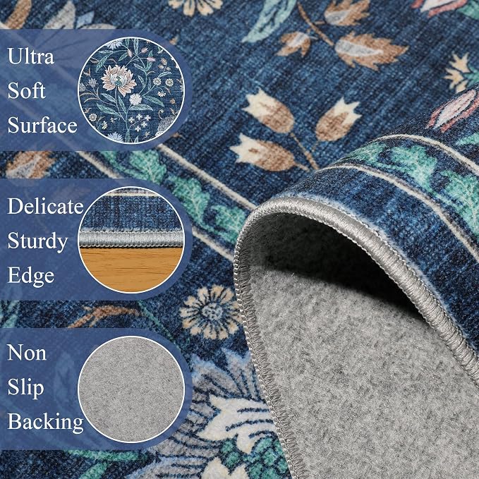 DUKINO 2x8 Runner Rug, Washable Vintage Floral Kitchen Rugs, Dark Blue | Non Slip, Low Pile, Stain Resistant Aesthetic Soft Carpet Runner for Hallway Bathroom Entryway Bedroom Farmhouse Laundry Room