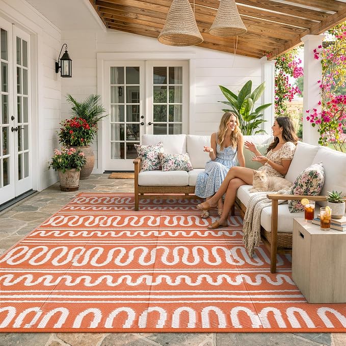 Beeiva Boho Outdoor Rug 8x10 Waterproof for Patio, Reversible Plastic Straw Rug for RV Camping, Deck, Balcony, Backyard, Orange