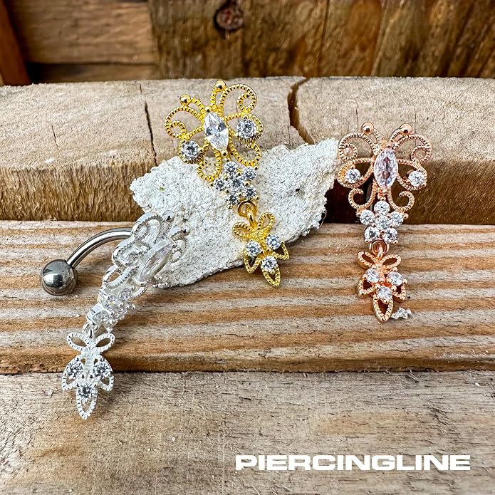 PIERCINGLINE Titanium Belly Button Piercing 925 Silver Design BUTTERFLY +PENDANT