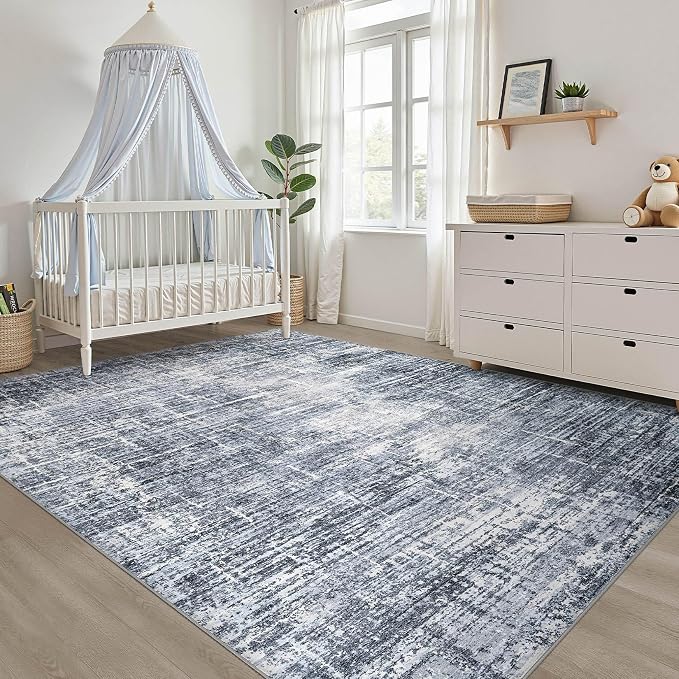 8x10 Area Rugs Living Room: Washable Large Neutral Navy Rug Abstract Soft Modern Stain Resistant Indoor Floor Non-Slip Carpet for Bedroom Nursery Kids Office Playroom Dining Room Under Table Home
