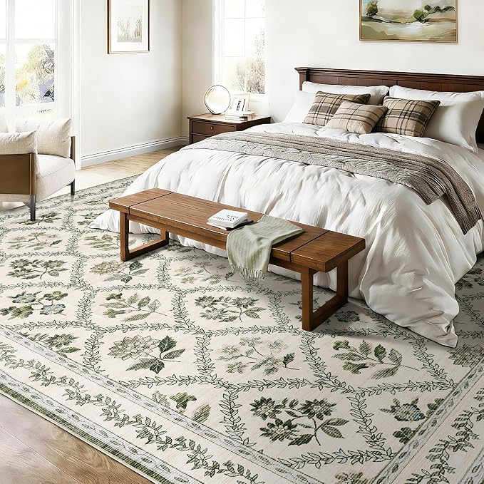 Olive Green Area Rugs Washable Rug for Living Room Big Bedroom Faux Wool Soft No Slip Floral Emerald Hunter Green and Beige Boho Vintage Extra Large Carpet for Dining Room Under Table 10x12