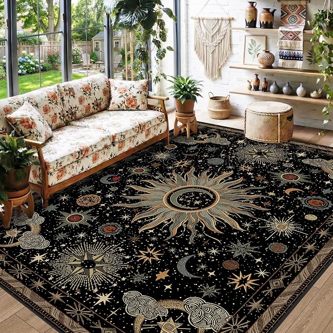 Vacuum-Friendly, 6x9 Washable Area Rug, Black Green Beige | Sun and Moon Boho Gothic Non-Slip Low Pile Living Roon Bedroom Dining Room Kitchen Entry Entryway Entrance Hallway Doormat