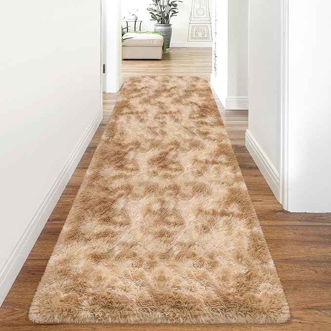 3x10 ft Plush Tie Dyed Light Brown Rug Soft Bedroom Runner Fluffy Cream and Brown Rug for Bedroom Bedside Living Room Hallway Nursery Kids Home Decor Shag Carpet