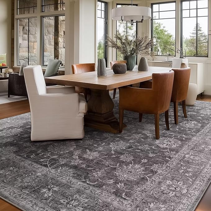 Boho Washable 8x10 Area Rugs for Living Room, Cushioned, Dark Grey | Vintage Non-slip Neutral Oriental Rugs for Bedroom Dining Room Nursery Office High Traffic Area