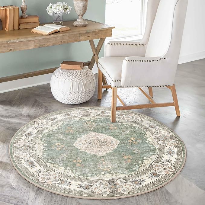 MUJOO Green Round Rug 4ft Small Circle Washable Area Rug Non Slip Floral | Circular Rugs for Bedroom Living Room Entryway Bathroom Bedroom Boho Throw Carpet Soft Low Pile Indoor Flowers Sage Green