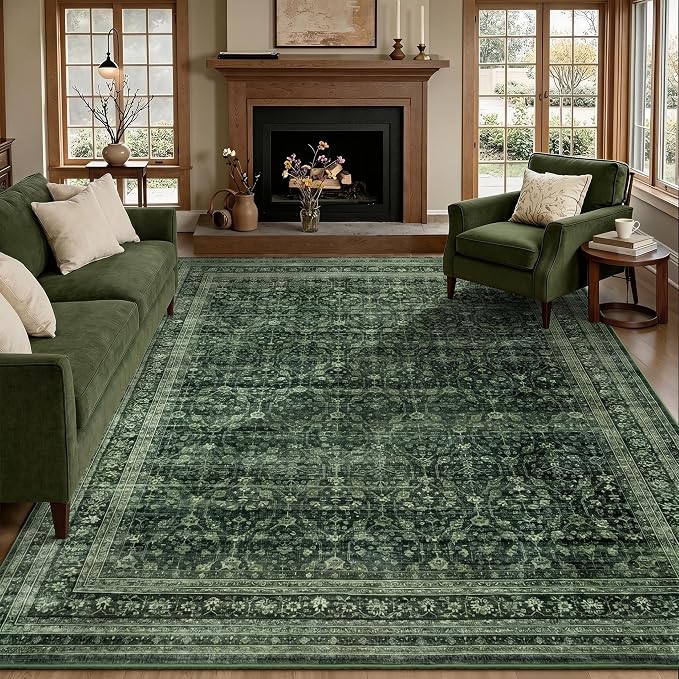 8x10 Area Rugs for Living Room Bedroom, Washable Large Rugs Non-Slip | Vintage Distressed Retro; Low Pile; Stain Resistant; Neutral Boho Carpet for Dining Room, Nursery, Home Office; Moss Green