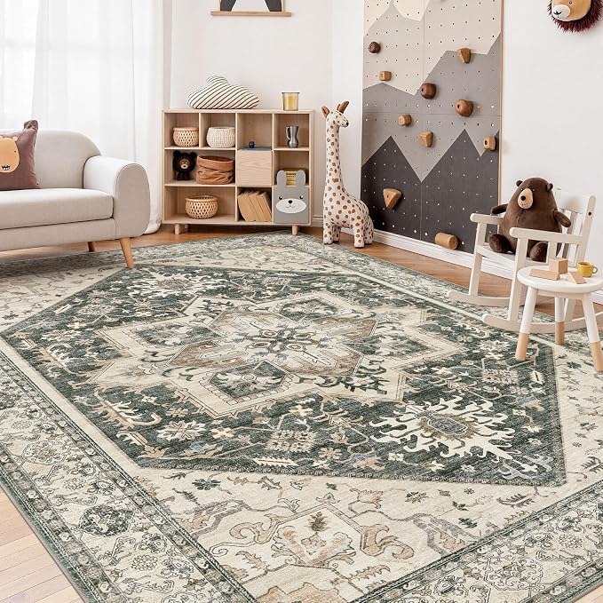 10x12 Area Rugs for Living Room - Large Carpet Ultra Thin Soft Washable Oriental Vintage Floral Distressed Rug Big Indoor Carpets for Bedroom Nursery Dorm Home Decor Aesthetic - Vintage Green