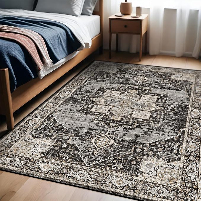 Washable 4x6 Area Rugs - Soft Area Rug for Living Room Stain Resistant Carpet Vintage Indoor Ultra-Thin Rugs for Bedroom Kitchen entryway with Non Slip Backing Home Decor Small Mat 4X6 Black