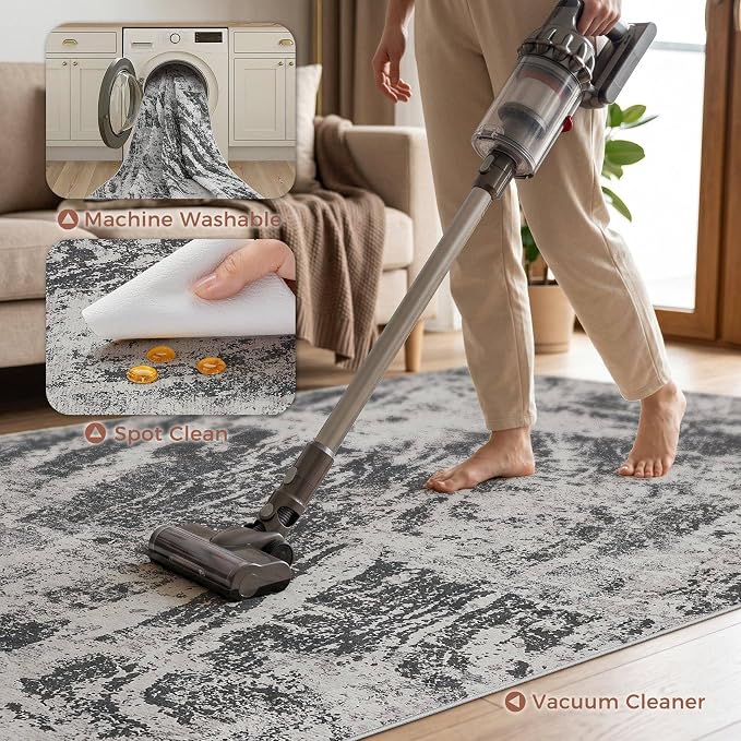 DMOYEST 8x11 Washable Area Rug: Abstract Modern Non-Slip Carpet, Soft Low Pile Indoor Neutral Easy Clean Floor Rugs for Living Room Bedroom Dining Room Kids & Pets - Black