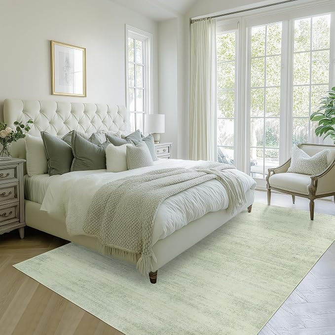 Modern Rugs for Dorm Bedroom Sage Green Nursery 5x8 Rug Low Pile Washable | Light Green and Ivory Cream, Abstract Neutral, with Non Slip, Floor Covering Carpet, for Playroom Living Room, Rubber Backed