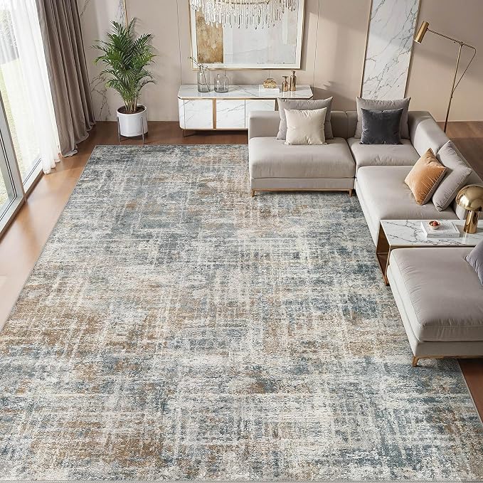 cotiled Washable 9x12 Area Rug for Living Room - Modern Abstract Carpet with Non-Slip Backing, Low Pile & Soft, Stain Resistant, Kid & Pet Friendly Decor for Bedroom & Dining Room - Blue Brown