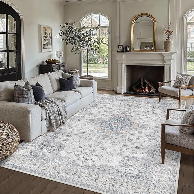 HUGEAR 10x14 Washable Rugs for Living Room Vintage Blue Bedroom Rug Soft Area Rug Non-Shedding Non-Slip Carpet Low Pile Dining Room Office Indoor Home Modern Decor