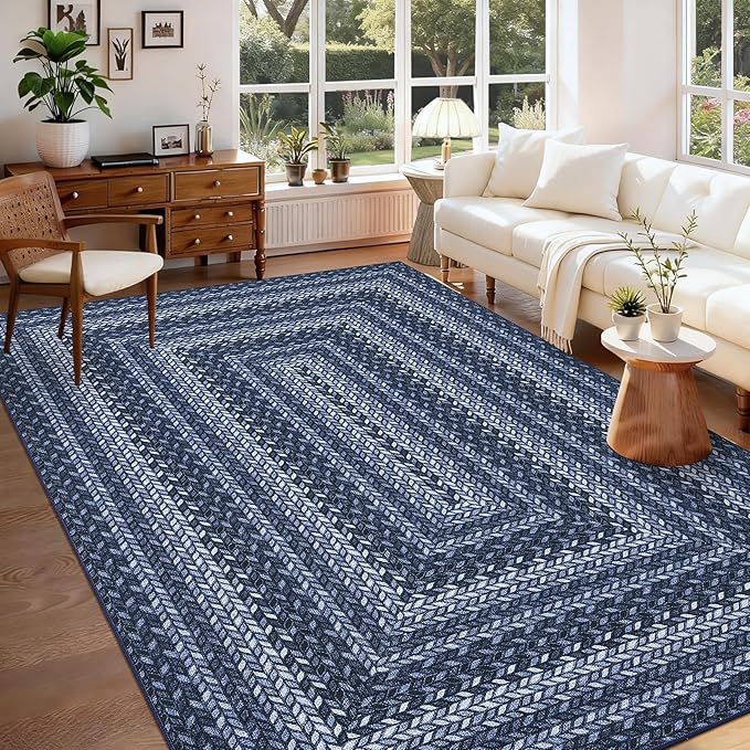 GarveeHome 5x7 Washable Rug for Bedroom Braided Easy Jute Living Room Rugs | Non Slip Modern Neutral Bordered Stain Resistant Indoor Throw Carpet for Nursery Kitchen Dining Room Entryway, Blue