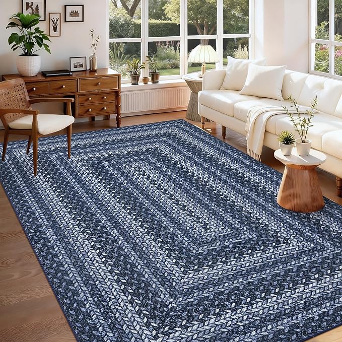 GarveeHome 8x10 Washable Living Room Area Rug Non Slip Braided Rugs | Low Pile Stain Resistant Dining Room Throw Carpet Indoor Outdoor Modern Bordered Area Rugs for Home Decor, Blue