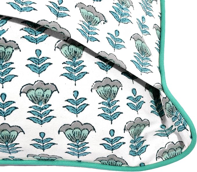 Ridhi Block Print Aquamarine Blue Pillow Cover 16" x 16" (Pack of 2) Decorative Couch Pillows for Living Room, Farmhouse Chic Boho Cute Outdoor Pillows Covers Gifts for Spring, Mother's Day