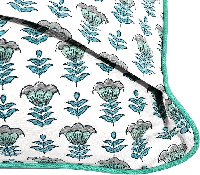 Ridhi Block Print Aquamarine Blue Pillow Cover 24" x 24" (Pack of 2) Decorative Couch Pillows for Living Room, Farmhouse Chic Boho Cute Outdoor Pillows Covers Gifts for Spring, Mother's Day