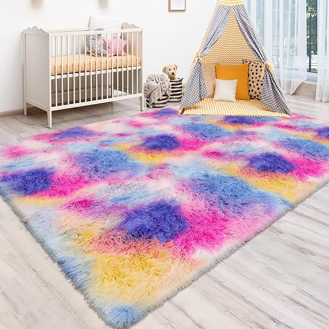 Rainbow Area Rugs 5x8 ft,Tie-Dyed Unicorn Fluffy Fuzzy Shaggy Carpet Soft Plush Furry Rug,for Bedroom Living Room Indoor Floor Rug Kids Girls Boys Home Decor Aesthetic, Dorm Nursery