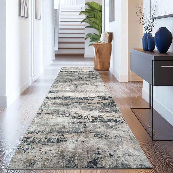 pmtsns Area Rugs 2x8 Runner Rug: Washable Hallway Rug Modern Abstract Neutral Soft Non-Slip Low-Pile Indoor Carpet for Kitchen Bedside Entrance Laundry (Black Grey Brown, 2'x8')