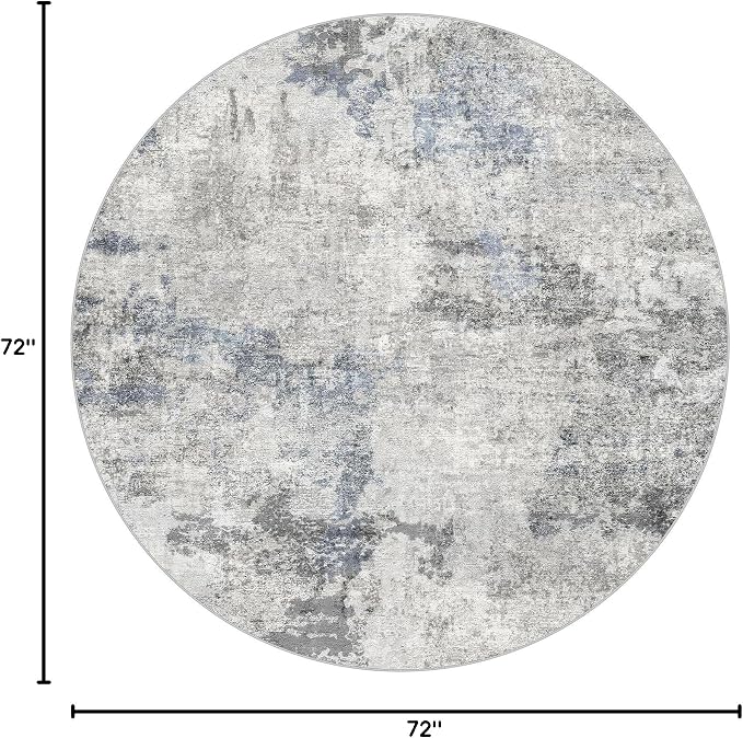 DMOYEST 6ft Round Area Rug for Living Room - 6x6 Washable & Non Slip Circle Rug, Kid & Pet Friendly Soft Low Pile Abstract Carpet for Bedroom and Dining Room - Grey Blue