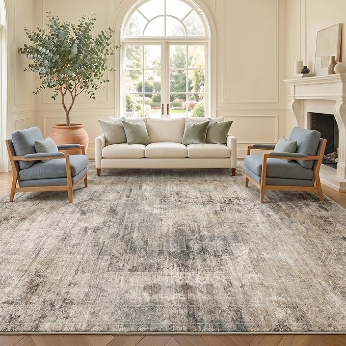 Farmhouse 8x10 Washable Area Rugs for Living Room, Neutral Taupe Brown Abstract Rug for Dining Room and Bedroom, Soft Foldable Low Pile Carpet, Stain Resistant Non-Slip Backing