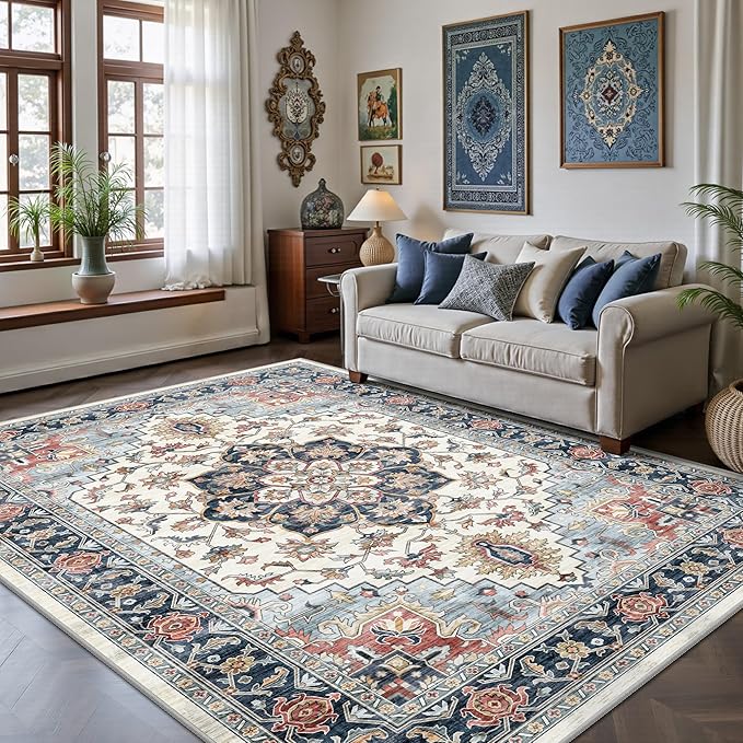 5x7 Area Rugs - Washable Rug Vintage Distress Boho Medallion Rugs for Living Room, Soft Non-Slip Backing Low Pile Carpet for Bedroom Dining Room Office Nursery Dorm Home, Blue Beige Orange