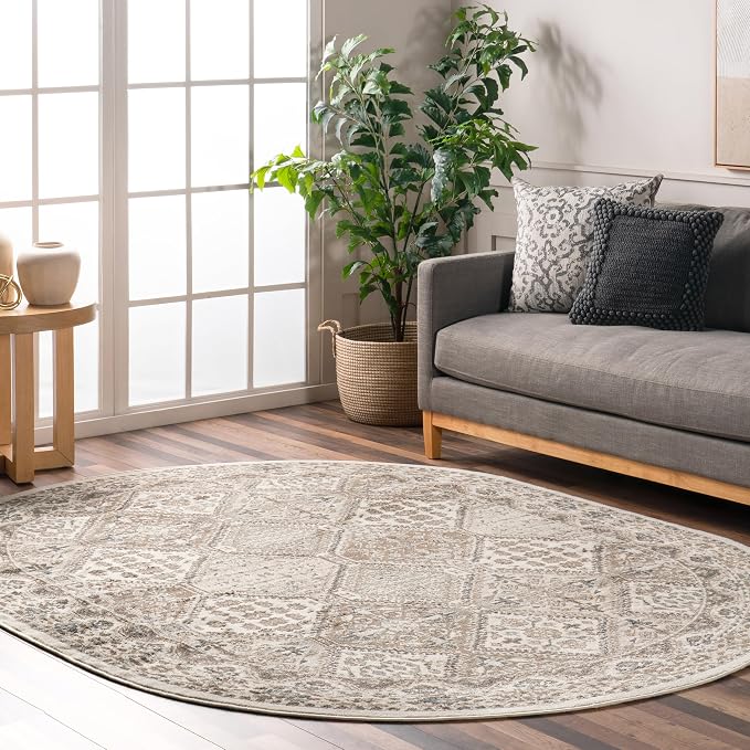 nuLOOM Oval 7x9 Becca Traditional Tiled Area Rug, Beige, Faded Transitional Design, Stain Resistant, For Bedroom, Dining Room, Living Room, Hallway, Office, Kitchen, Entryway