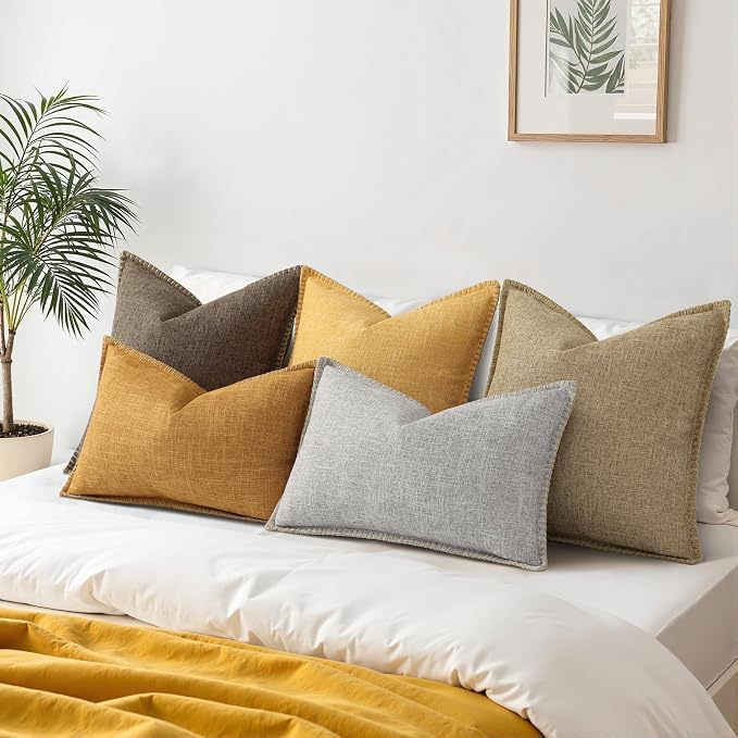 decorUhome Khaki Faux Linen Outdoor Throw Pillow Covers 20x20 Set of 2 | Fall Decorative Textured Neutral Modern Farmhouse Pillow Covers with Stitched Edge for Couch Sofa Bed Living Room
