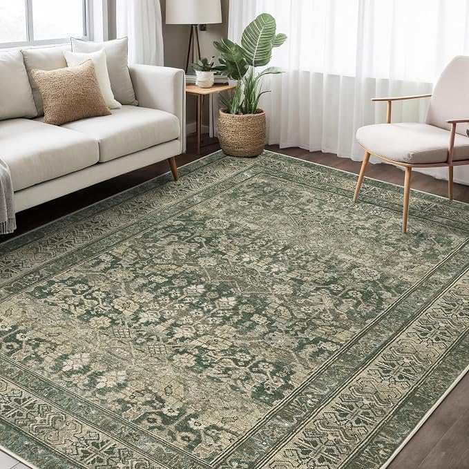 Vintage Washable Area Rug for Living Room,Low Pile 8x10 Non Slip Carpet Non-Shedding Area Rug Soft Indoor Stain Resistant Rug Floral Print Mat for Bedroom Dining Room Green