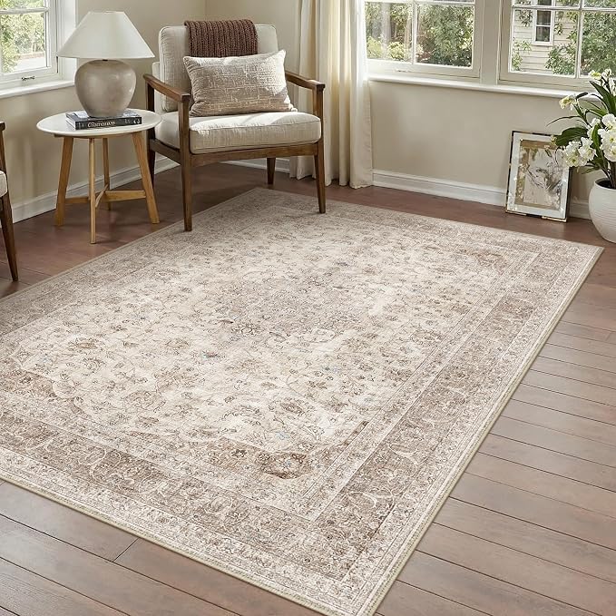 PureCozy 3x5 Washable Small Area Rug Beige Vintage Traditional Oriental | Non Slip, Soft Low Pile, Indoor Carpet for Entryway, Kitchen, Bathroom, Distressed Retro Decor