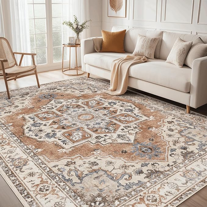 5x7 Washable Area Rug: Vintage Neutral Soft Non Slip Thin Large Floor Carpet for Living Room Bedroom Kitchen Dining Room Home Office Farmhouse Indoor - Brick Red