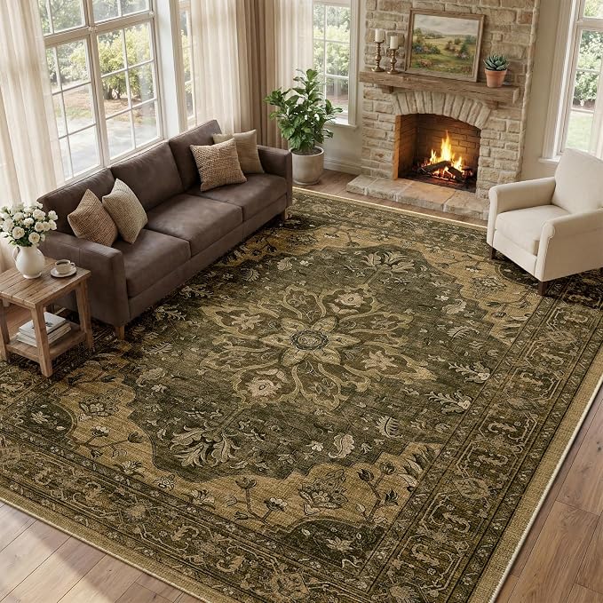 RELEANY Area Rugs Large 9'x12' Washable Non-Slip, Floral Vintage Distress Medallion Carpet for Living Room Bedroom Dining Room, Brown Dark Brown