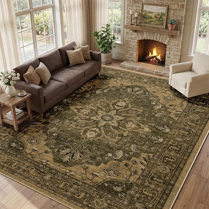 RELEANY Area Rugs Large 10'x14' Washable Non-Slip, Floral Vintage Distress Medallion Carpet for Living Room Bedroom Dining Room, Brown Dark Brown