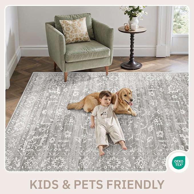 Soalmost 8x10 Area Rugs for Living Room, Washable Bedroom Soft Rug Grey | Vintage Floral Non-Slip Low Pile Stain Resistant Throw Large Neutral Carpet for Dining Room Kitchen Home Office 8'x10'