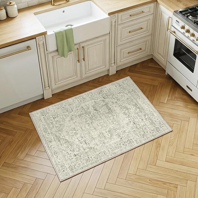 FMFUNCTEX Entryway Rug 2x3 Washable Green Neutral Vintage Distressed Oriental Door Mat Non Slip Low Pile Indoor Carpet Soft Retro Small Throw Area Rugs for Entry Way Entrance Bedroom Kitchen Bathroom