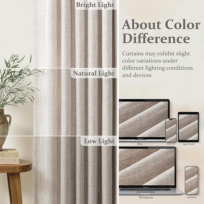 Pinch Pleated Semi Sheer Curtains 96 Inches Long for Living Room 4 Panels Set, Greyish Brown Memory Shape Thick Linen Light Filtering Curtain Country Sliding Door Window Drapes with Back Tab 40"Wx96"L