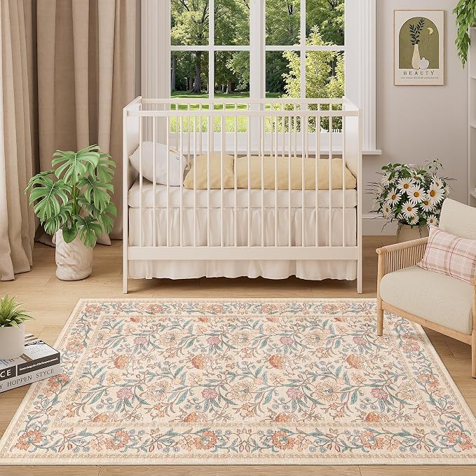 DUKINO 3x5 Rug, Washable Vintage Floral Bedroom Area Rug Non Slip, Beige | Low Pile, Non-Shedding, Stain Resistant Boho Lightweight Soft Indoor Carpet for Bathroom Office Dining Living Room Farmhouse