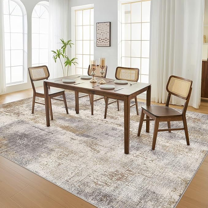DMOYEST Area Rug Living Room Rugs - 10x12 Washable Large Soft Indoor Neutral Modern Abstract Low Pile Rug Carpet for Bedroom Dining Room Farmhouse Home Office - Brown Grey