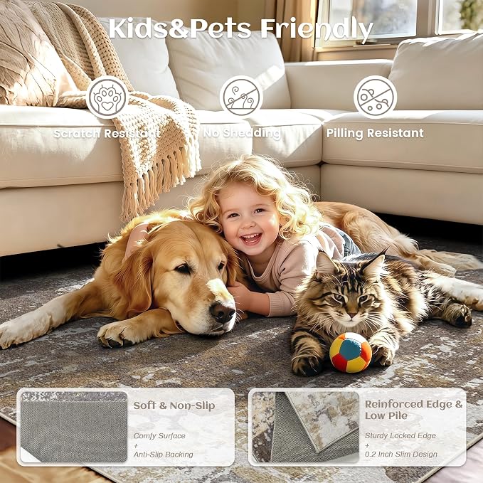 8x10 Rugs for Living Room - Modern Abstract Washable Rug, Ultra Soft Non Slip Low Pile Large Rugs, Floor Carpet for Bedroom Dining Room Office Laundry Nursery Home（Taupe）