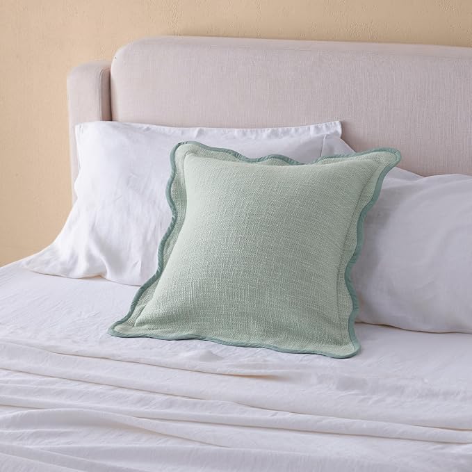 Double Stitch Scalloped Throw Pillow Covers - 100% Cotton Decorative Boho Pillow Covers 20 x 20 inch, Made in India, Square Cushion Case, Modern Home Decor for Couch Sofa Living Room, Green Forest
