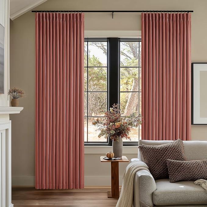 TWODRAPES Terracotta Pinch Pleated 100% Blackout Linen 84 Inch Curtains | Room Darkening with Liner, Memory Shape Pleat Back Tab, Thermal Insulated, for Living Dining Room Window, W40xL84 2 Panels