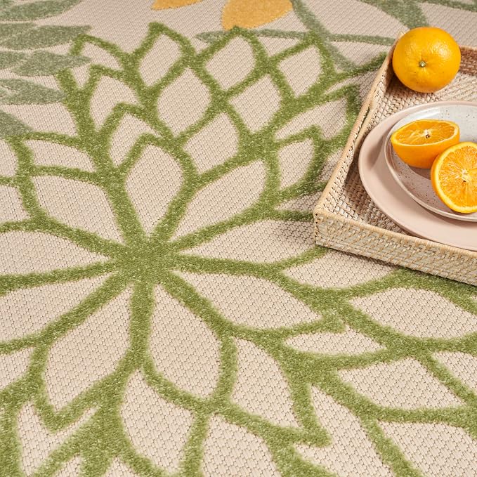 Nourison Home Aloha Tropical Indoor/Outdoor Green Multicolor 6' x 9' Area Rug, Easy Cleaning, Non Shedding, Bed Room, Living Room, Dining Room, Backyard, Deck, Patio (6x9)