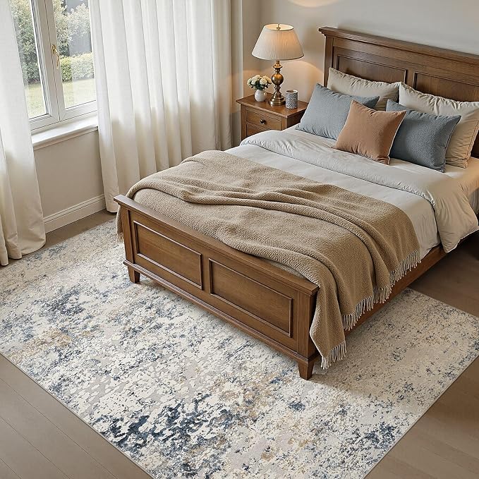 DMOYEST Area Rug Living Room Rugs - 6x9 Abstract Large Soft Indoor Washable Rug Neutral Modern Low Pile Carpet for Bedroom Dining Room Farmhouse Home Office - Beige Blue