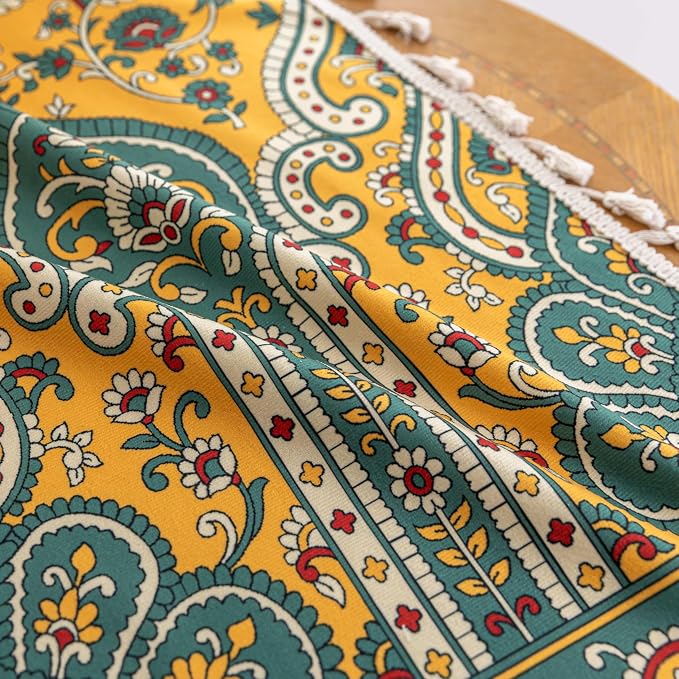 Yellow Paisley Curtains 63 Inches Long, Boho Farmhouse Light Filtering Rod Pocket Drapes with Tassel Trim for Bedroom Living Room, 2 Panels