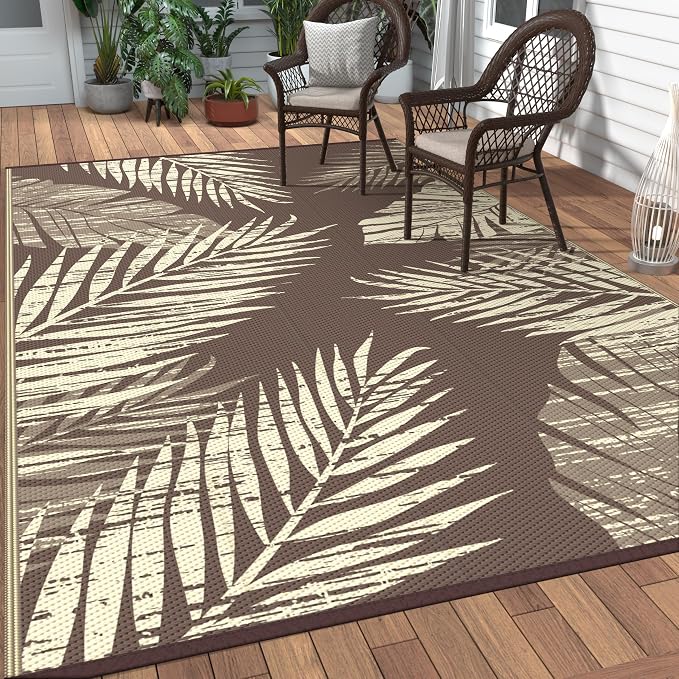 GENIMO Outdoor Rug, Waterproof Plastic Rugs for Patio, 6'x9' Cocoa Beige | Outside Larger Leaf Carpet Mat for Porch Decor, Deck, Balcony, Camping, RV, Backyard, Picnic, Beach, Reversible, Foldable