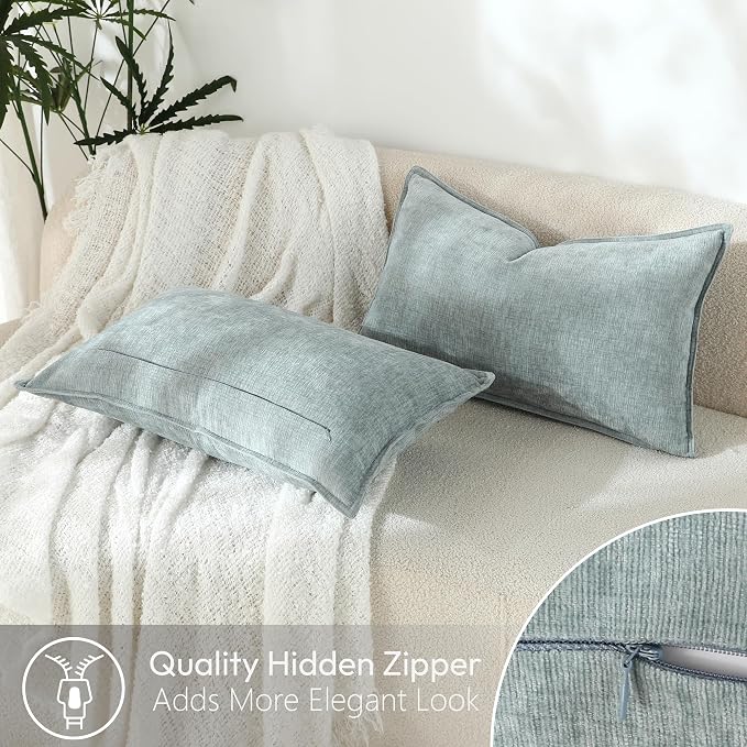 Stellhome Set of 2 Super Soft Textured Decorative Pillow Covers Lumbar Chenille Throw Pillow Covers Accent Solid Cushion Cover for Couch Sofa Bedroom Living Room 12x20 Inch, Aqua Haze