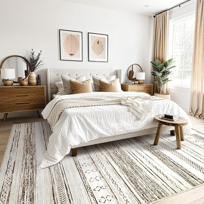 Tortania Area Rug Living Room Rugs - 11x14 Washable Large Soft Neutral Boho Moroccan Bohemian Farmhouse Rug Indoor Floor Carpet for Bedroom Under Dining Table Home Office Decor - Cream Brown
