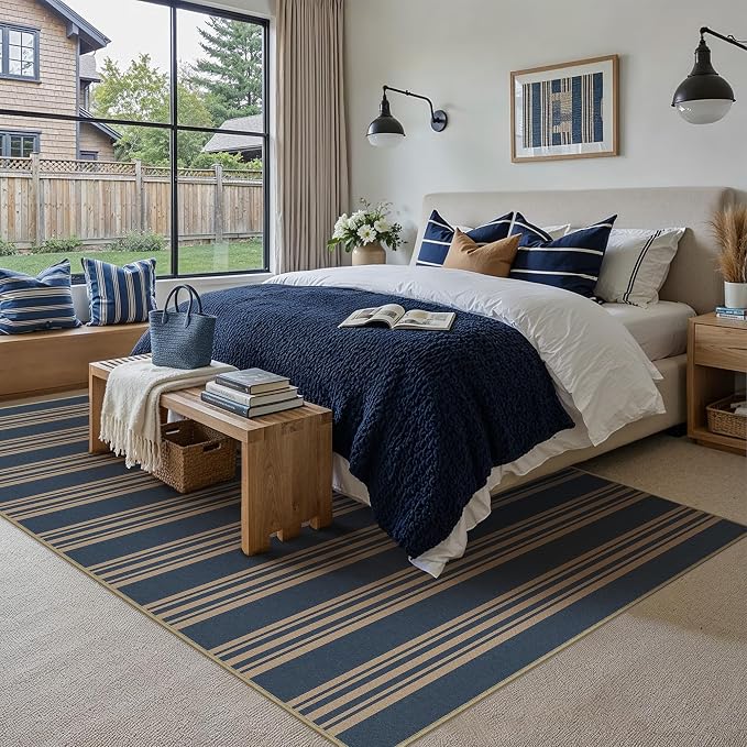PureCozy Outdoor Rug 5x7 Washable Striped Jute Look Non Slip Carpet | Blue Stripe Farmhouse Style, Indoor Outdoor Area Rugs for Patio, Living Room, Dining Room, Non Shedding, Neutral Rug