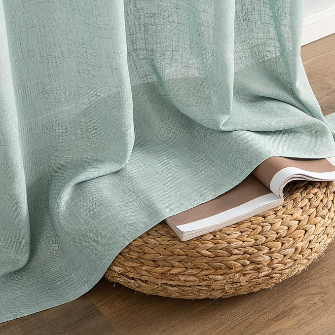 MIULEE Sea Green Linen Curtains 84 Inch Length for Bedroom Living Room, Soft Thick Linen Textured Window Drapes Semi Sheer Light Filtering Back Tab Rod Pocket Burlap Look Aqua Decor, 2 Panels