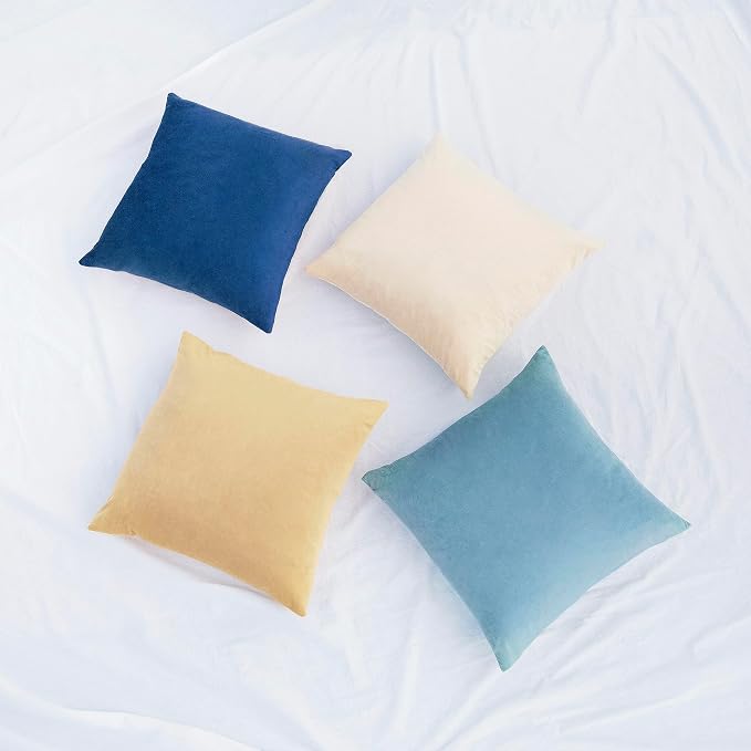 MONDAY MOOSE Decorative Throw Pillow Covers Cushion Cases, Set of 4 Soft Velvet Modern Designs, Mix and Match for Home Decor, Pillow Inserts Not Included (20x20 inch, Blue/Beige)