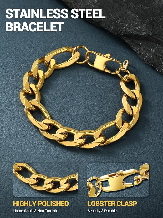 PROSTEEL Silver/Gold/Black Bracelets for Men Figaro Cuban Link, 6mm-13mm Width, 7.5"/8.3"/9" Length, Stainless Steel Mens Bracelet Jewelry with Gift Box